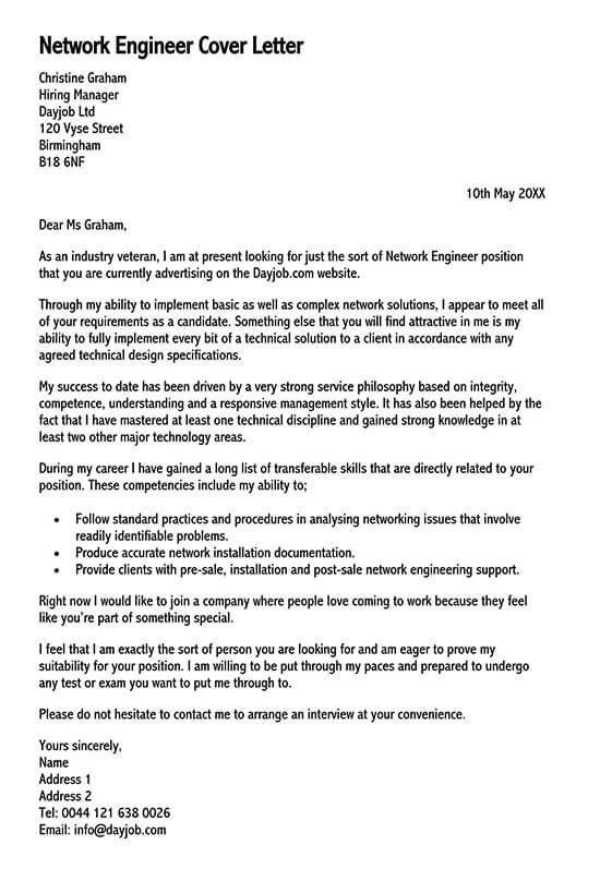 Printable Network Engineer Cover Letter Template