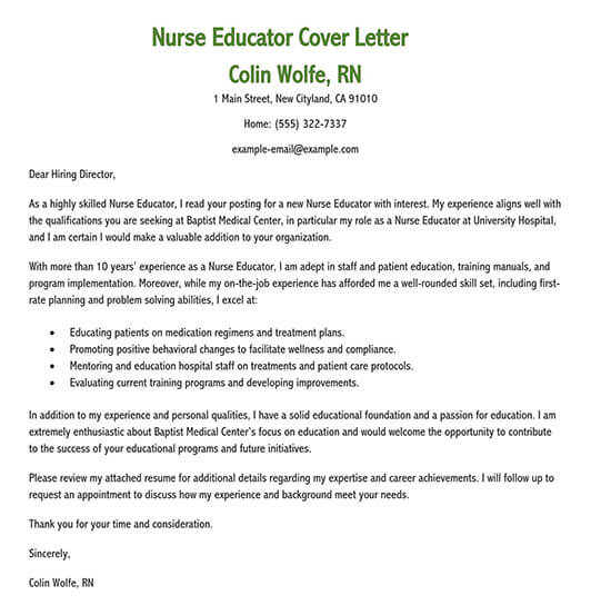 Free Nurse Educator Cover Letter Sample- Word File