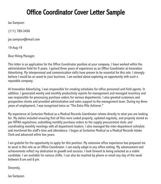 Word Editable Office Coordinator Cover Letter Template 05