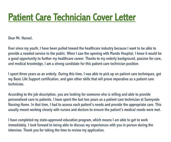 Sample Patient Care Technician Cover Letter