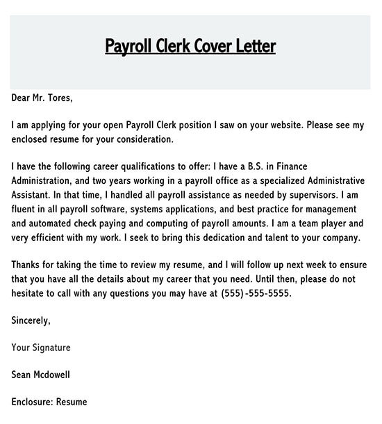 Professional Editable Payroll Clerk Cover Letter Sample as Word Document