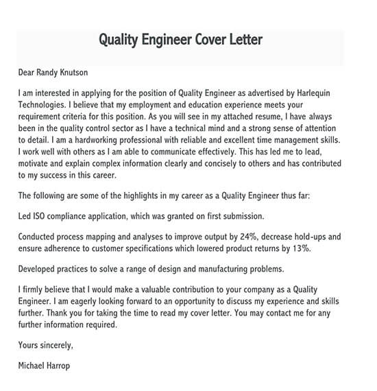 Free Quality Engineer Cover Letter Sample