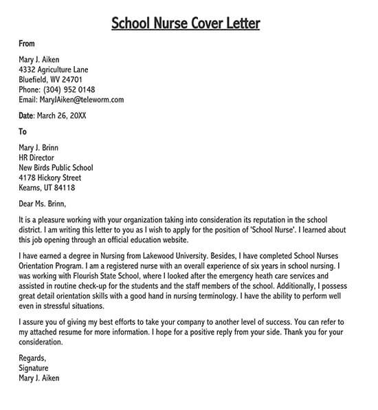 Best Downloadable School Nurse Cover Letter Sample as Word File