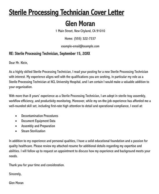 Sterile Processing Technician Cover Letter Example