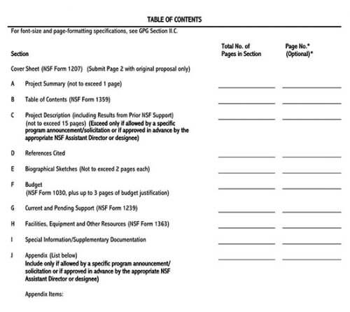 table of contents template copy and paste