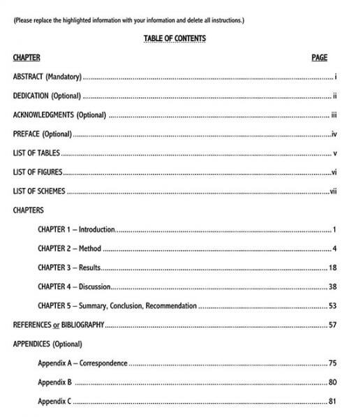 dissertation table of contents word