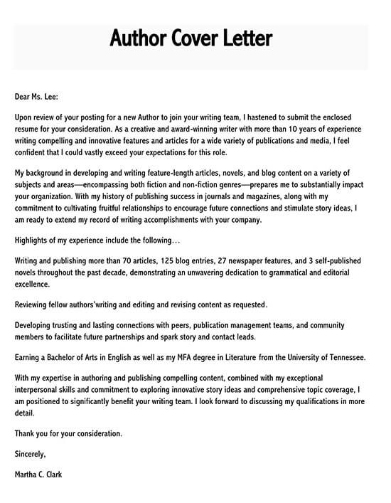 Professional Printable Author Cover Letter Sample for Word File