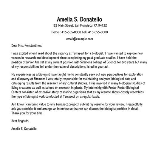 Great Downloadable Biologist Cover Letter Sample 01 for Word Document