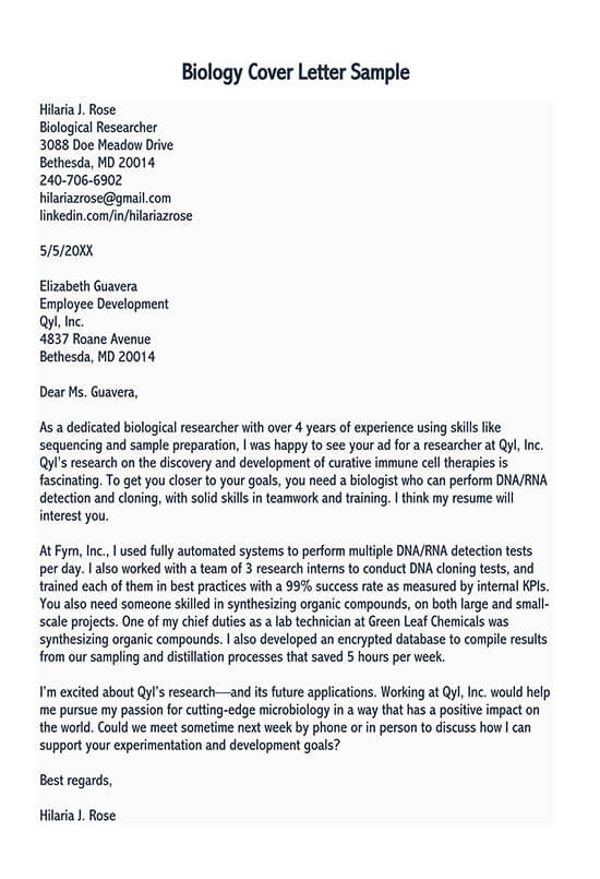 Great Downloadable Biological Researcher Cover Letter Sample for Word Document