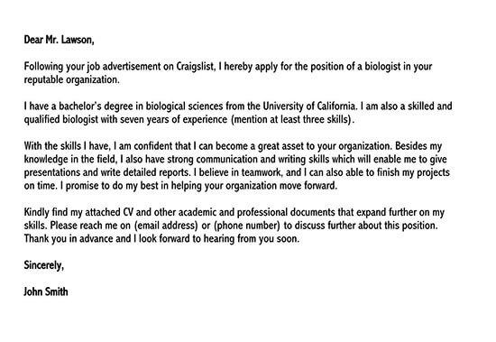 Professional Biology Cover Letter Example
