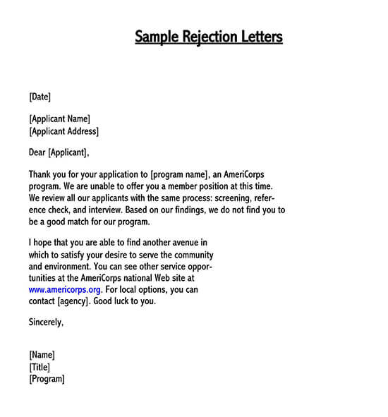 Free Printable AmeriCorps College Rejection Letter Sample as Word File