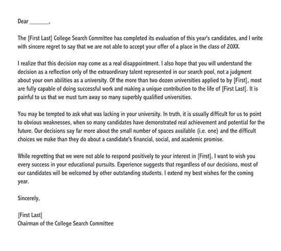 Professional Editable General University Rejection Letter Template 02 as Word Document