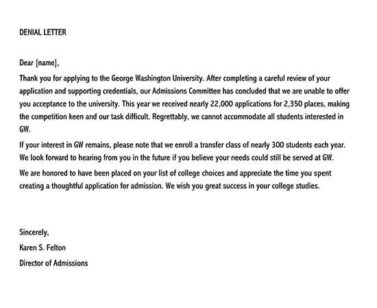 Free Editable Washington University Rejection Letter Sample as Word Format