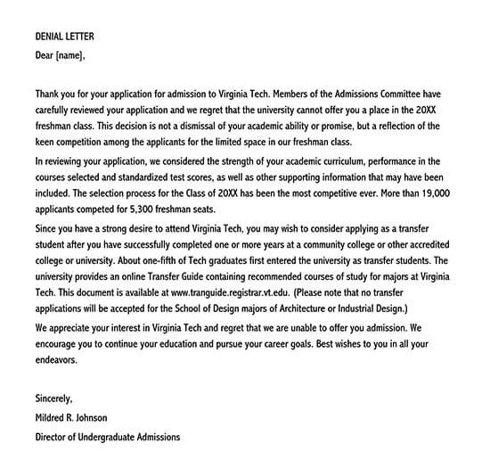 Free Editable Virginia Tech College Rejection Letter Sample as Word Format