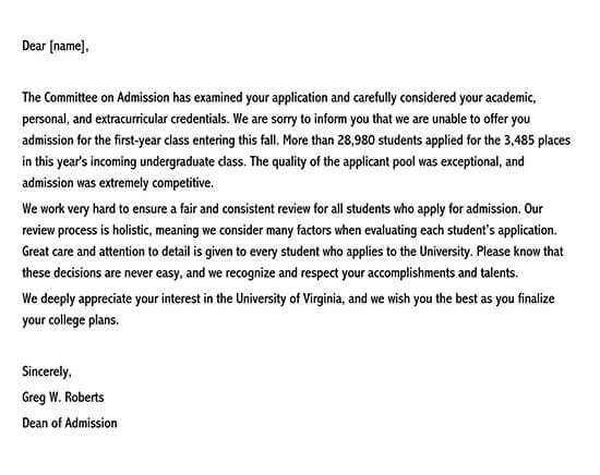 Free Editable Virginia College Rejection Letter Sample as Word Format