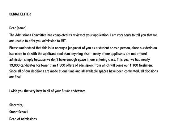 Free Editable MIT College Rejection Letter Sample as Word Format