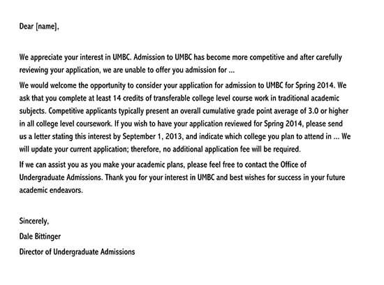 Free Editable UMBC College Rejection Letter Sample as Word Format
