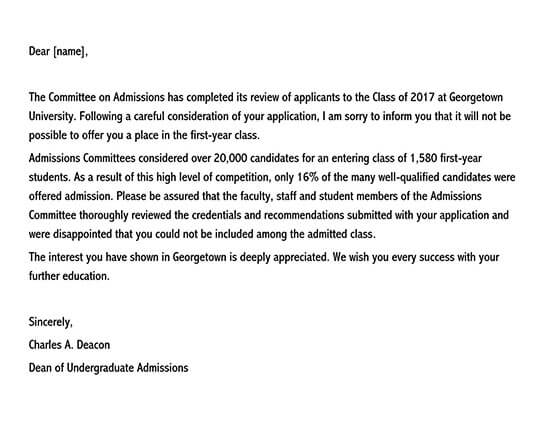 Free Editable Georgetown University Rejection Letter Sample as Word Format