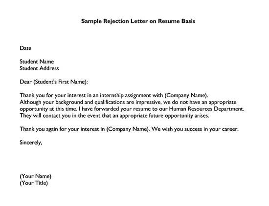 Internship Rejection Letter Sample Free PDF