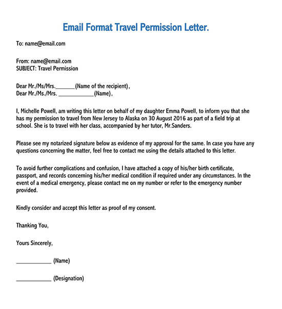 Free Editable Email Format Travel Permission Letter Sample as Word File
