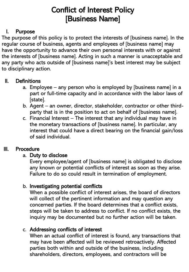 Free Employee Conflict of Interest Policy Template Word