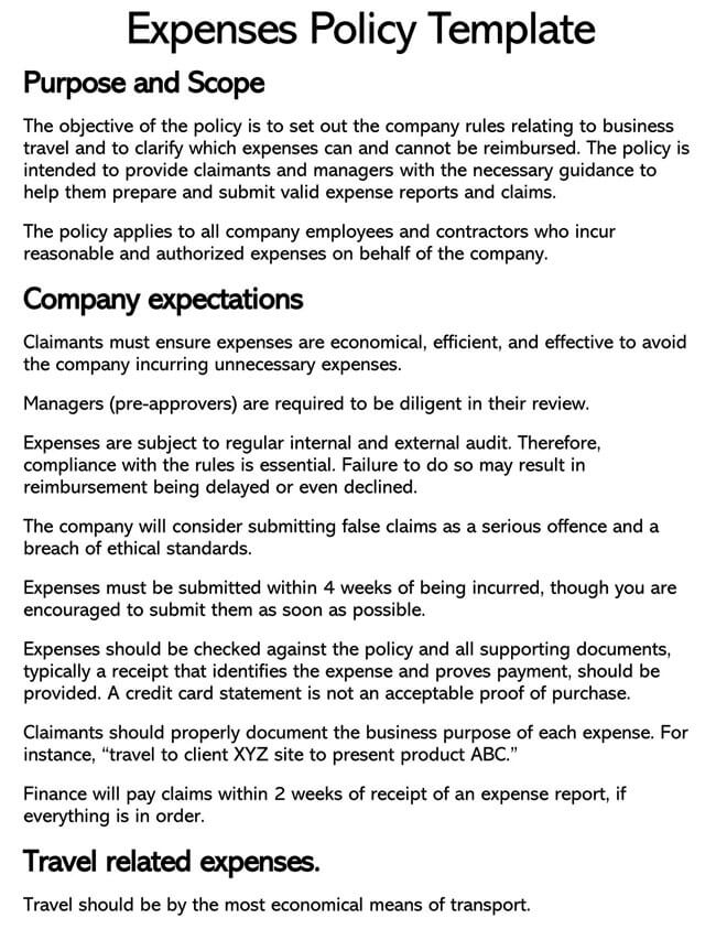 Printable Expense Reimbursement Policy Template 03 for Word