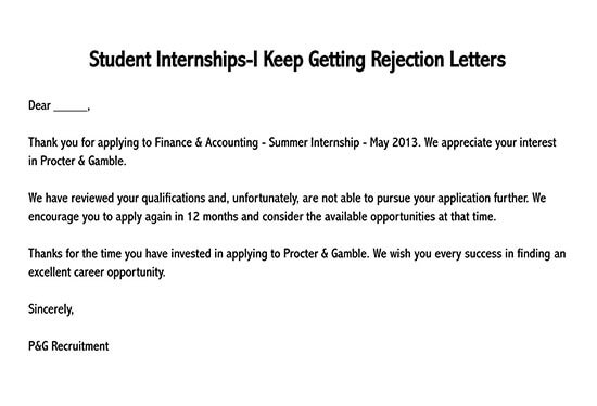Internship Rejection Letter Sample Free