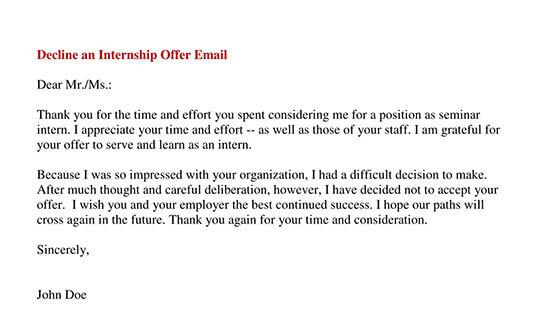 Internship Rejection Letter Example Free PDF