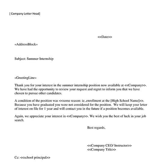 Free Internship Rejection Letter Template PDF
