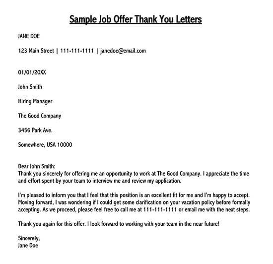 Editable Thank You Letter for Job Offer Example