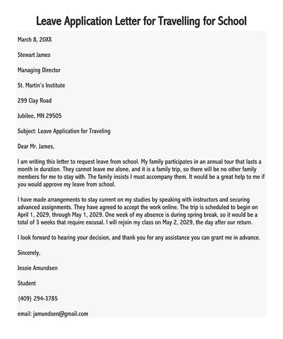 Great Editable Leave Application Letter for Travelling for School Sample for Word File