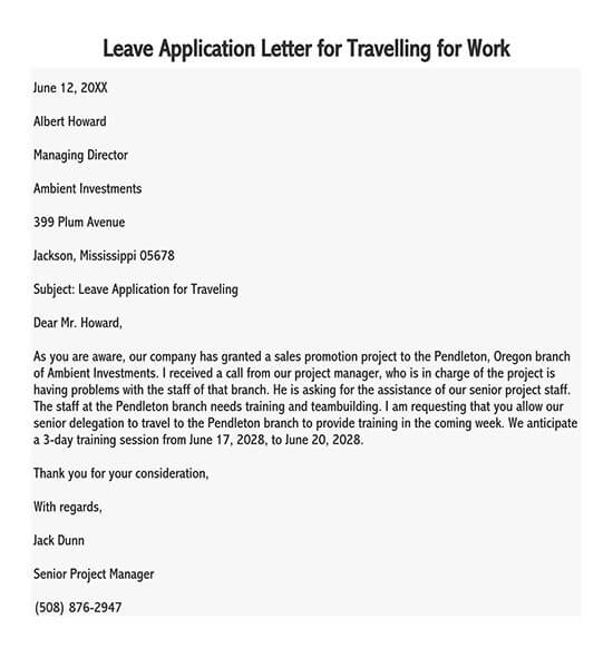 Free Printable Leave Application Letter for Travelling for Work Sample in Word Format