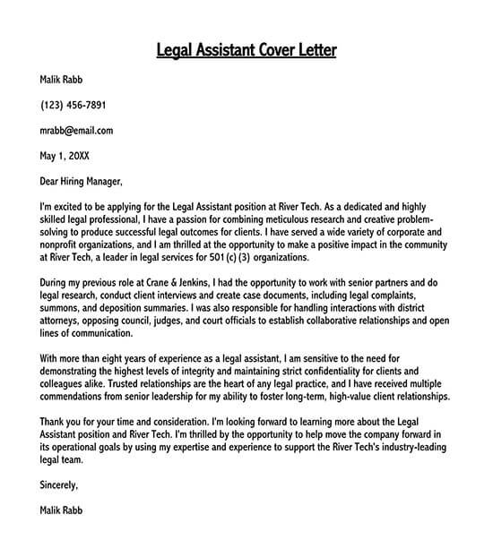 Free Printable Legal Assistant Cover Letter Sample 02 for Word Document