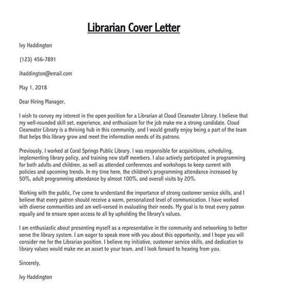 sample cover letter for school librarian job