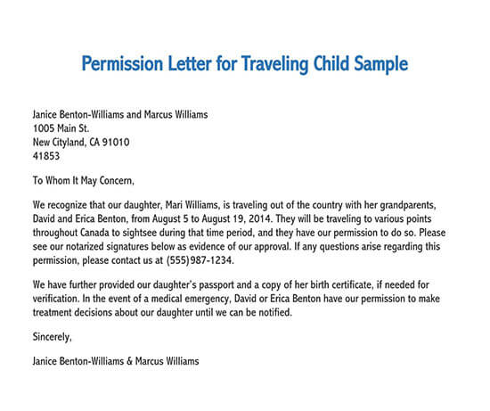 Free Editable Permission Letter for Traveling Child Sample as Word File