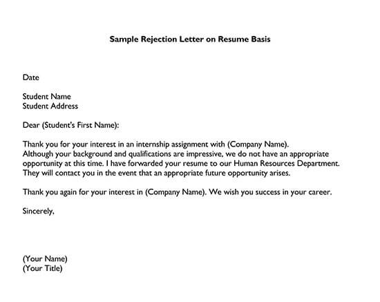 Free Internship Rejection Letter Example
