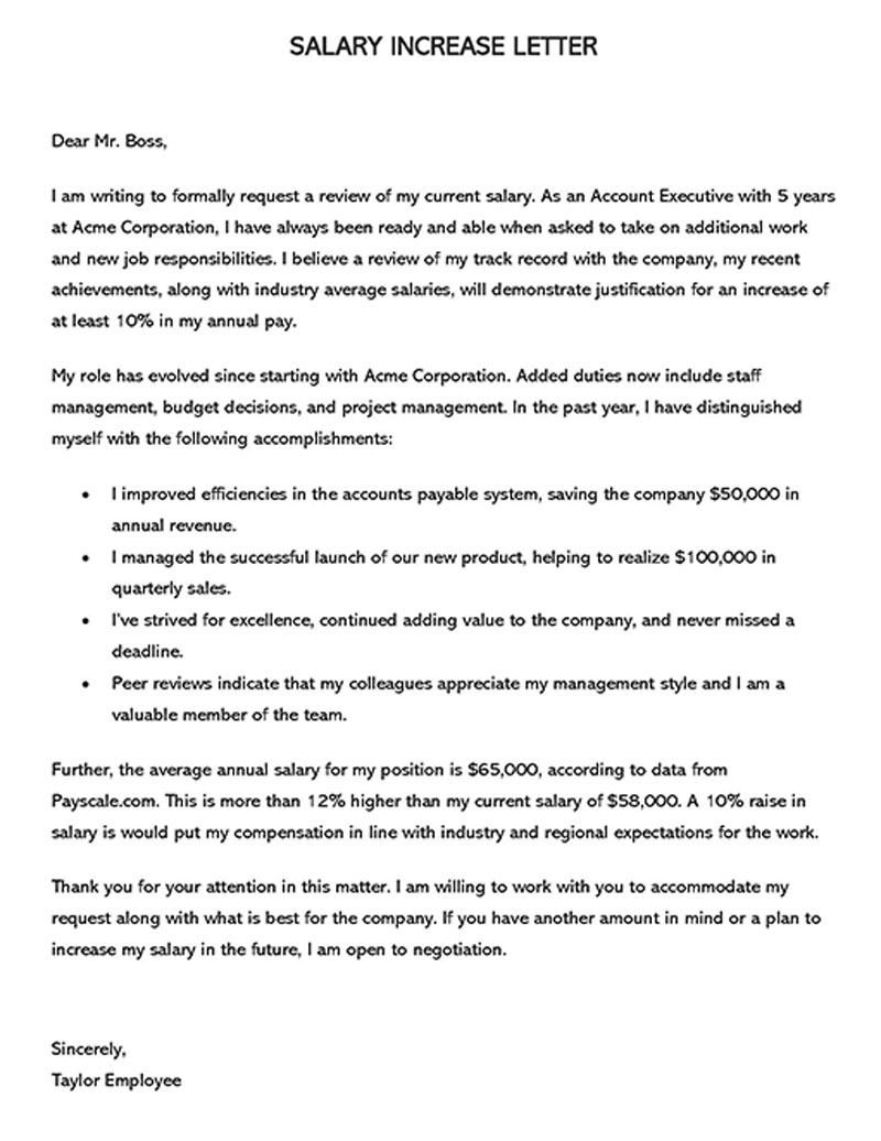 Free Comprehensive Account Executive Salary Increase Letter Sample for Word Format