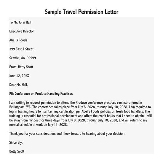 Free Printable Travel Permission Letter for a Conference Sample as Word File