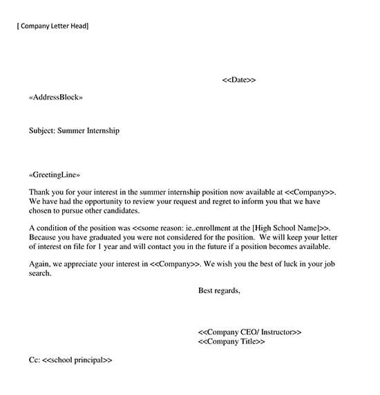 Professional Internship Rejection Letter Template PDF