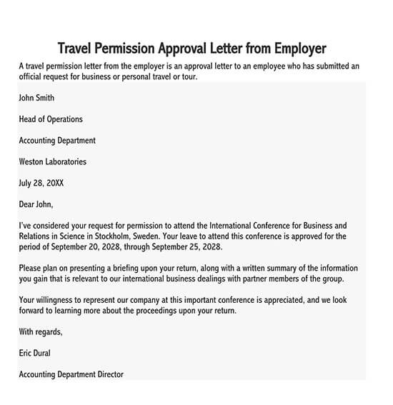 Free Downloadable Travel Permission Approval Letter from Employer Sample as Word Document