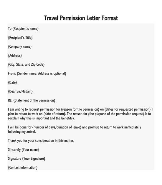 Free Printable Travel Permission Letter Format 01 for Word Format