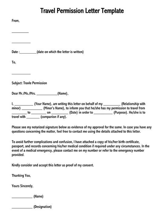 Free Printable Travel Permission Letter Format 02 for Word Format