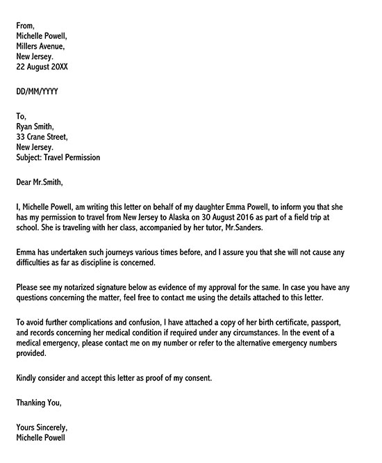Professional Editable Travel Permission Letter for a Field Trip Sample for Word Document