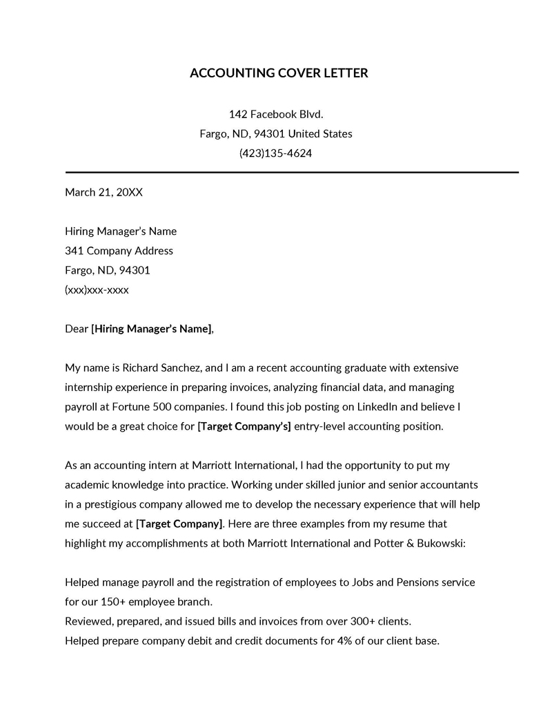 Best Printable Accounting Graduate Cover Letter Template as Word File