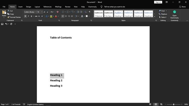 Table of Contents in Microsoft Word