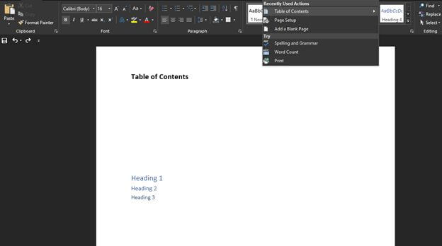 Insert Table of Contents in Word