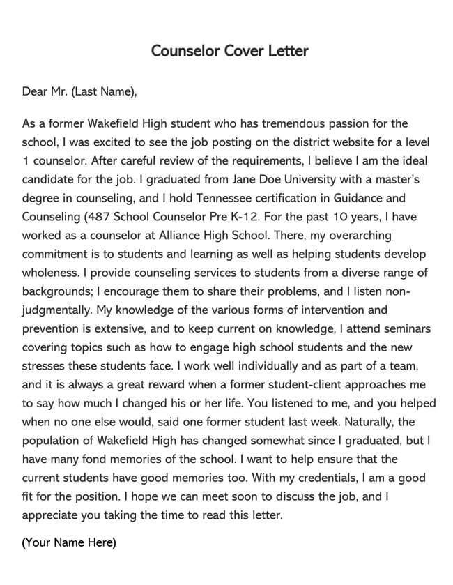 Counseling Position Cover Letter Example