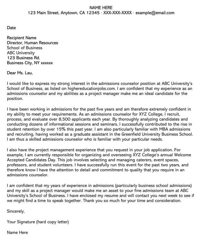 sample cover letter for licensed professional counselor