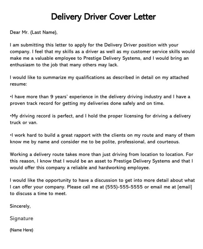 cover letter for delivery driver with no experience