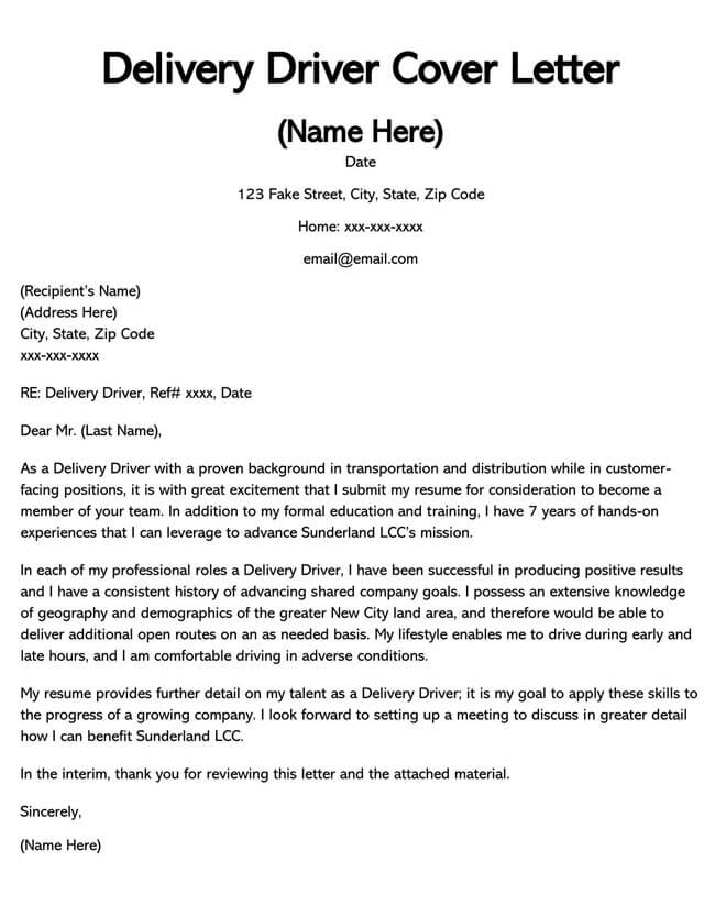 sample of job application letter for a driver